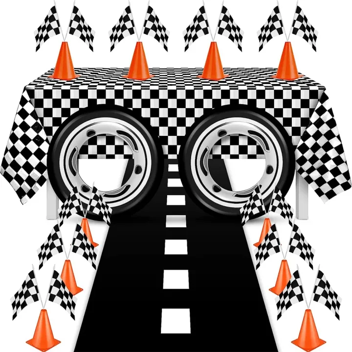 Checkered Race Car Party Black White Checkered Flag Tablecloth Road Tablecloth Racetrack TableCover Racing Birthday Party Decor