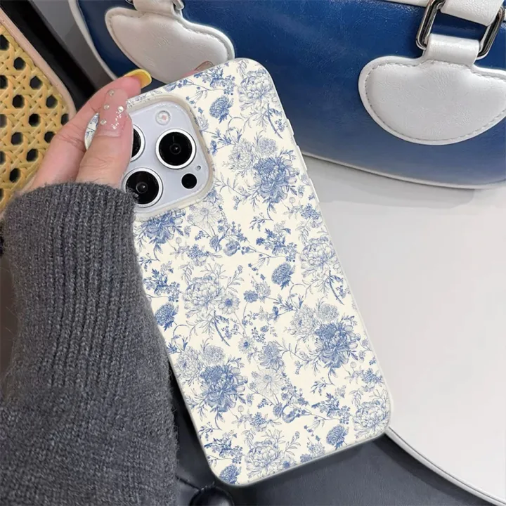 Vintage Floral Phone Case for iPhone 17 16 15 14 Plus 13 12 11 Pro Max Retro Blue Flower Pattern Shockproof TPU Protective Cover
