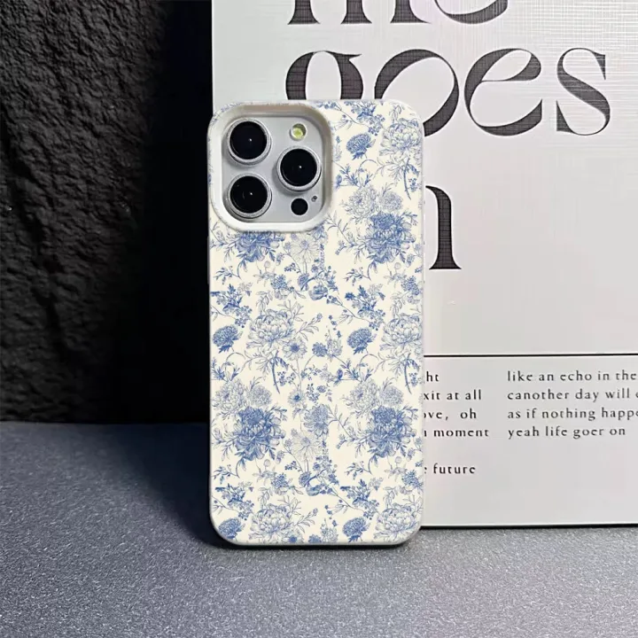 Vintage Floral Phone Case for iPhone 17 16 15 14 Plus 13 12 11 Pro Max Retro Blue Flower Pattern Shockproof TPU Protective Cover