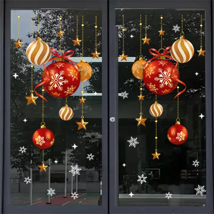 Christmas stickers, festive atmosphere decoration, colorful balls, stars, snowflakes, stickers, decorative glass window stickers