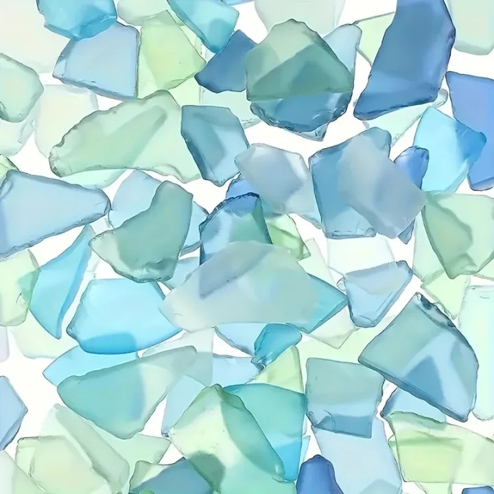 Craft decorations, sea colored glass shards, light frosted vase inlaid with glass, beach wedding party decorations, home decor