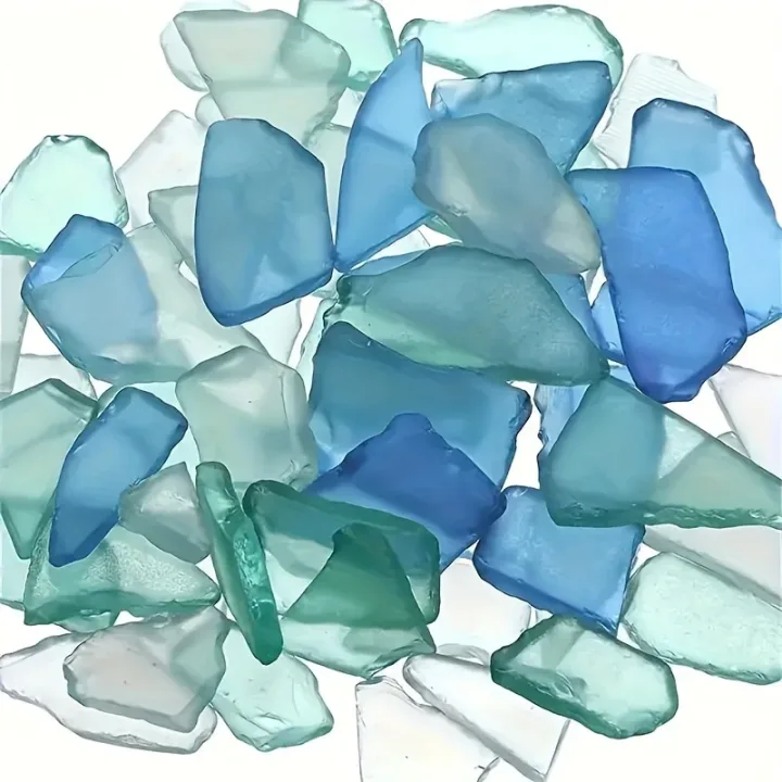 Craft decorations, sea colored glass shards, light frosted vase inlaid with glass, beach wedding party decorations, home decor
