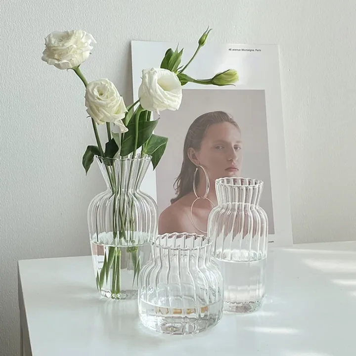 Transparent Glass Vases Hydroponic Plants Flower Arrangement Bottle Mini Retro Striped Vase Home Room Dinner Table Decor ﻿