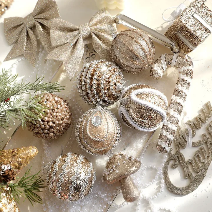 Christmas Tree Decoration Champagne Glitter Sequins ball Star bow tie DIY Xmas Hanging Pendants New Year Navidad Party Decor