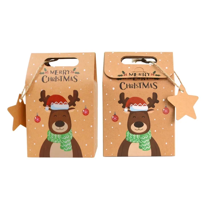 6/12/24Pcs Christmas Candy Gift Box with Tag Kraft Paper Cookie Snack Packing Bags 2024 Xmas Party Home Decoration New Year 2025