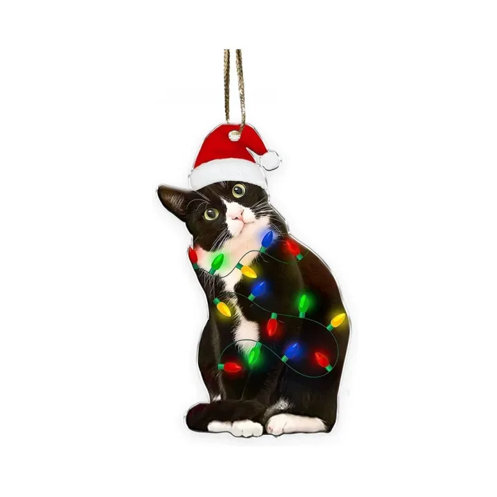 Charming Black Cat Christmas Ornament 2d Acrylic Hanging Decor For Tree Car Mirror Keychain Kid Xmas Gift Holiday Party Supplies