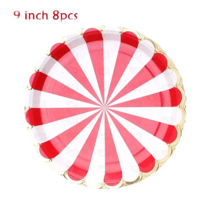 Circus Birthday Party Decor Red White Striped Disposable Tableware Sets Plates Cups PE Tablecloth Napkin Knives Forks Supplies