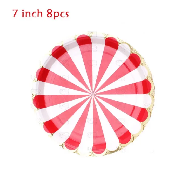Circus Birthday Party Decor Red White Striped Disposable Tableware Sets Plates Cups PE Tablecloth Napkin Knives Forks Supplies