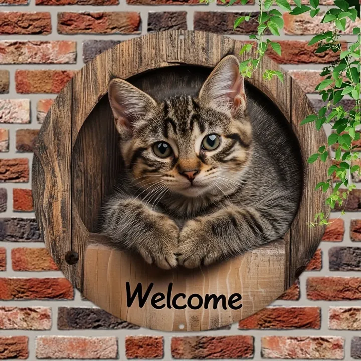 2D Graphic 2D Printed Wall Art - Cat Welcome Signs for Street, Courtyard, Shopping Center, Garage, Cafe, Family, Bar, Club, Kitchen, Restaurant, Laundry Room, Men's Cave, Gym, Bedroom, Farm, Farmhouse, Handmade Round Wood Decorative Plaque, Home Decoration, Garden Decoration, Holiday Decoration, Desk