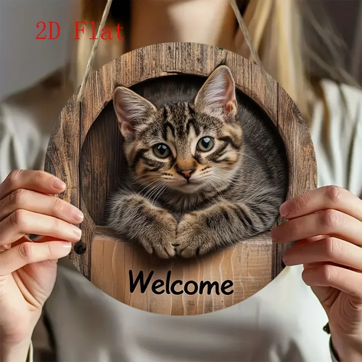 2D Graphic 2D Printed Wall Art - Cat Welcome Signs for Street, Courtyard, Shopping Center, Garage, Cafe, Family, Bar, Club, Kitchen, Restaurant, Laundry Room, Men's Cave, Gym, Bedroom, Farm, Farmhouse, Handmade Round Wood Decorative Plaque, Home Decoration, Garden Decoration, Holiday Decoration, Desk