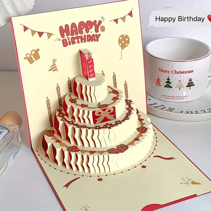 3D Happy Birthday Card Christmas Gift Card Birthday Cake Pop-Up Greeting with Envelope Christmas Invitation Cards