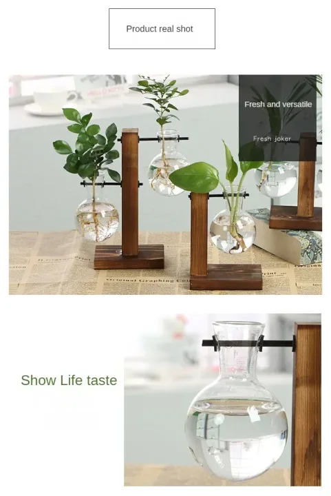 Terrarium Hydroponic Plant Vases Vintage Flower Pot Transparent Vase Wooden Frame Glass Tabletop Plants Home Bonsai Decor