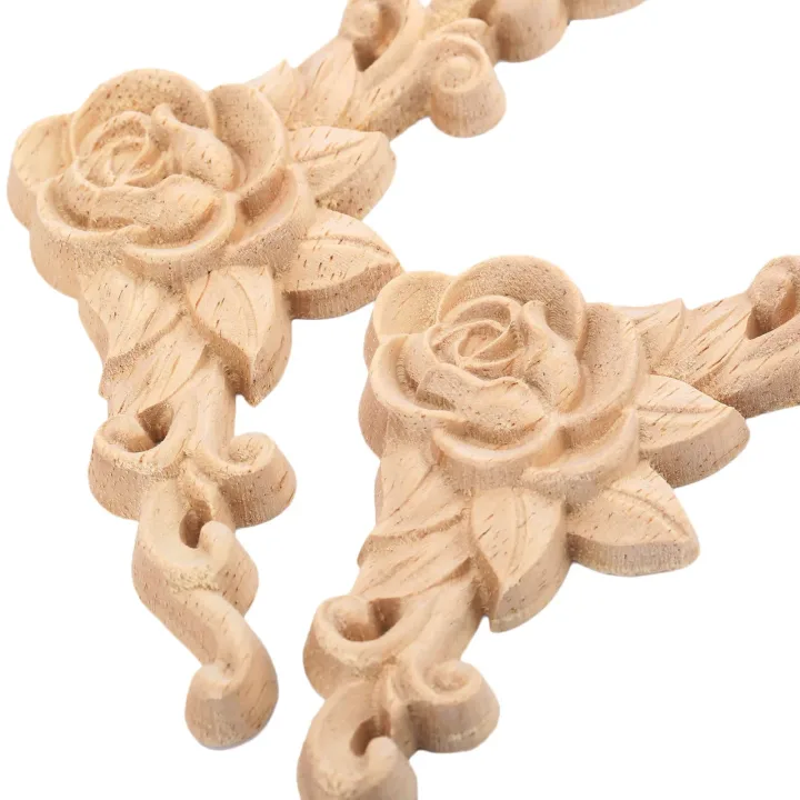 4pcs Rose Pattern Wood Appliques Onlays for Furniture Handmade Carved Corner Decor for Home Wall Door Cabinet Door Cabinet 8x8cm