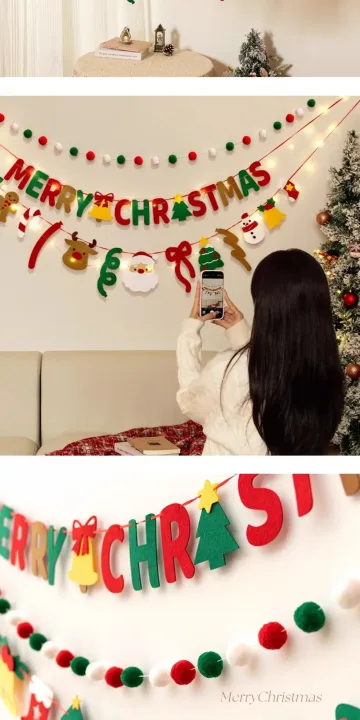 Merry Christmas Handmade DIY Pull Flag Christmas Party Wall Luminous Banner Home Christmas Decorations Room Background Decor
