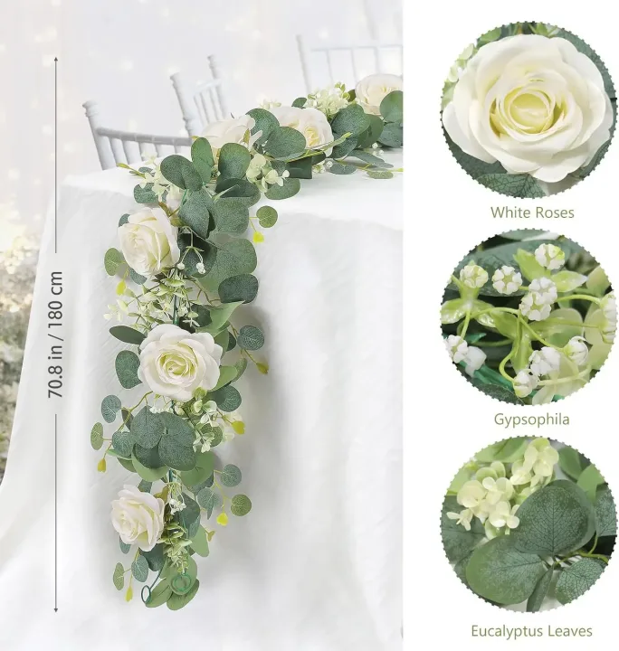 180cm Artificial Eucalyptus Garland with White Flowers for Home Festival Wall Hanging Garden Wedding Backdrop Arch Party Decor