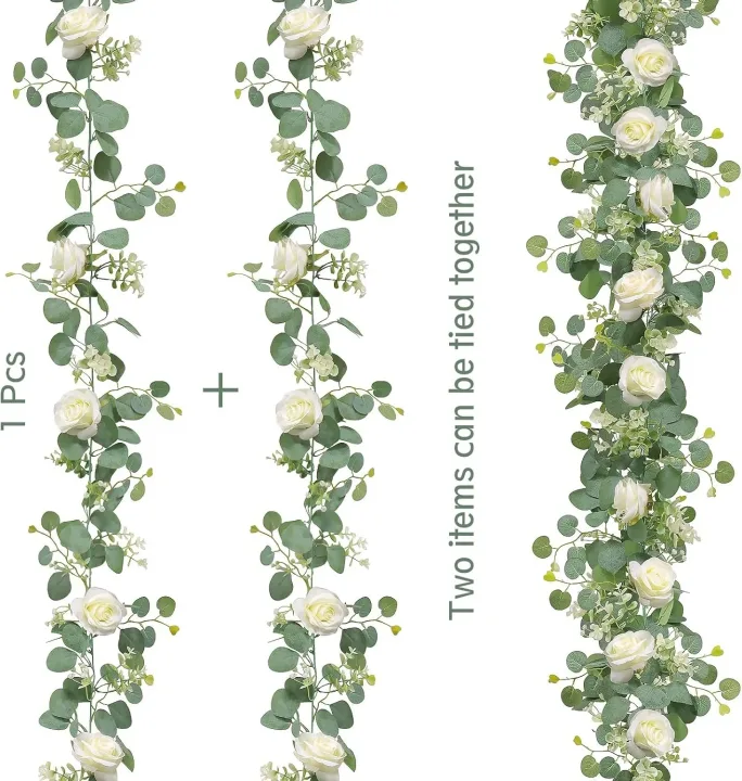 180cm Artificial Eucalyptus Garland with White Flowers for Home Festival Wall Hanging Garden Wedding Backdrop Arch Party Decor