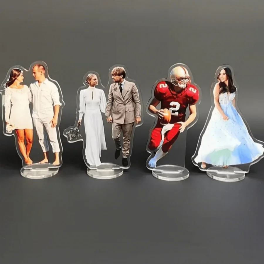 A custom acrylic desktop decoration with personalized photo options, including artistic images, couple portraits, and family pho