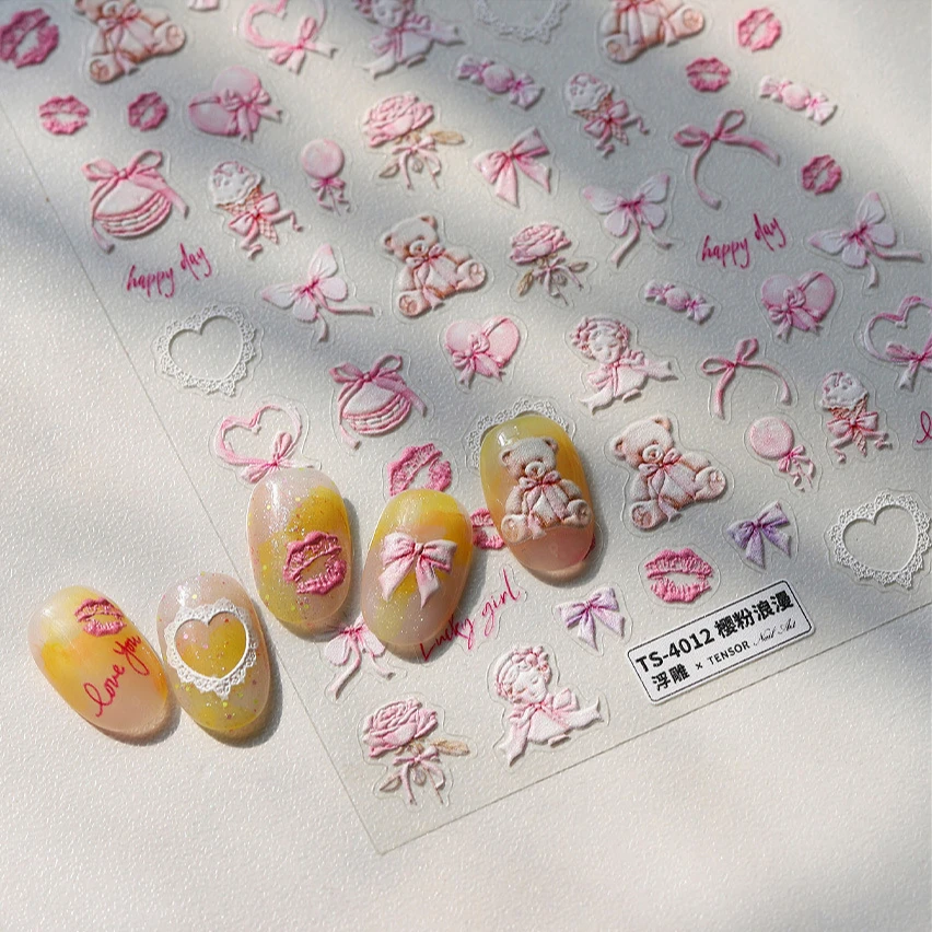 Sakura Pink Lip Print Rose Flower Butterfly Ice Cream Love Heart Bear Macaroon Balloon Candy Nail Art Stickers Manicure Decals