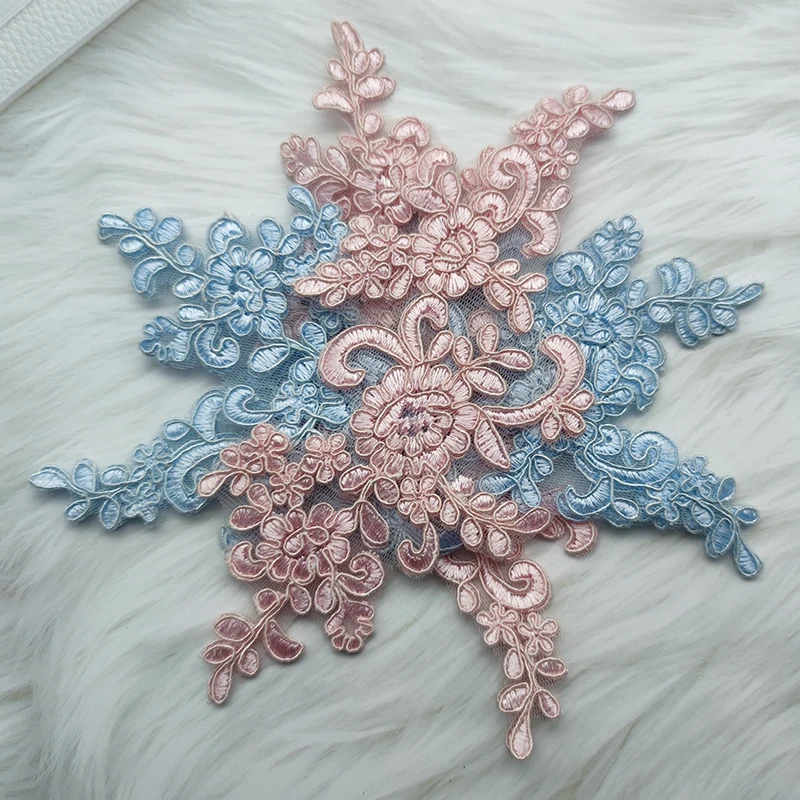 Lace Applique Sew on Patch Fabric 1Pair Embroidery Flower Exquisite Trim Patches Crafts Stickers Bag Gown Decoration