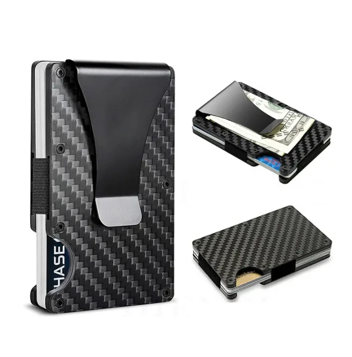 Minimalist Wallet for Men, Money Clip Cash Strap Wallet, RFID Blocking Metal Wallet Aluminum Card Holder(Carbon Fiber)