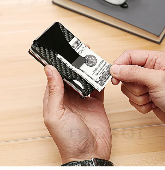 Minimalist Wallet for Men, Money Clip Cash Strap Wallet, RFID Blocking Metal Wallet Aluminum Card Holder(Carbon Fiber)