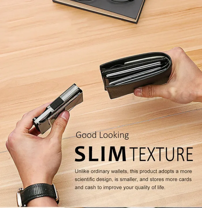 Minimalist Wallet for Men, Money Clip Cash Strap Wallet, RFID Blocking Metal Wallet Aluminum Card Holder(Carbon Fiber)