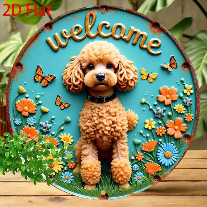 8in Round Wooden Disc Plate 2D Flat Poodle Design with Colorful Flowers Butterflies Garage And Doghouse Detail for Warm Decor