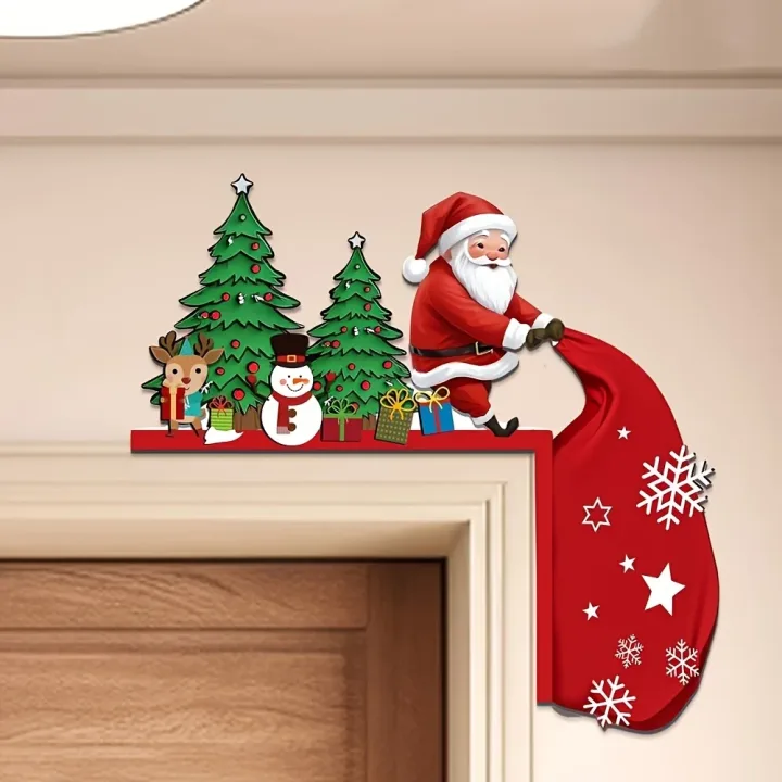 1 pieces of antique wooden Christmas door corner decoration -1 piece of Santa Claus with reindeer and snowman