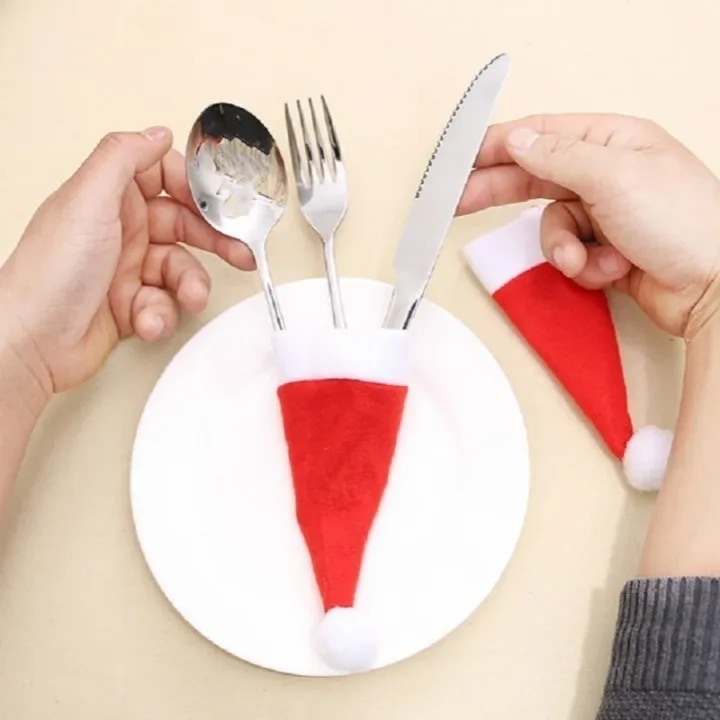 Merry Christmas Decoration 2025 Christmas Tableware Bag Holder Christmas Hat Fork Knife Cutlery Bag Christmas Ornament Decor