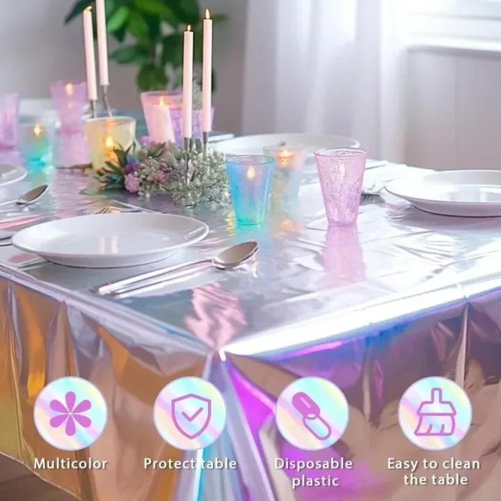 Disposable Shimmering Laser Rainbow Tablecloth Aluminum Film Tablecloth Decor for Birthday Wedding Parties Festive Supplies