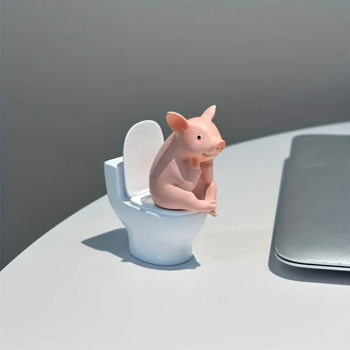 Cute Pig Sitting on Toilet — Pvc Bathroom Statue, Tabletop or Wall-Mount Decor — Father's Day Gift for Home & Office