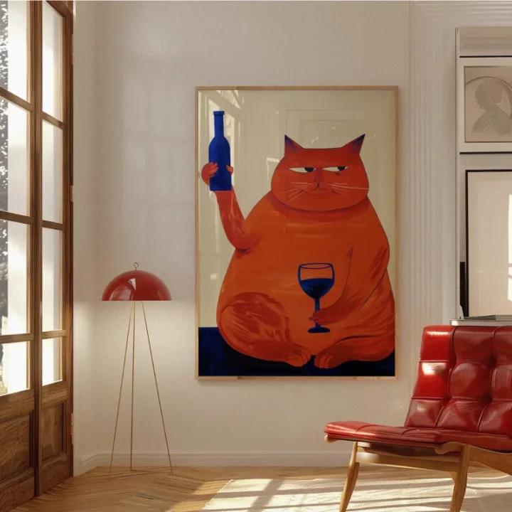 Bar Cart Decor, Cat Poster, Wine Print, Retro Kitchen Decor, Mid Century Modern Decor, Trendy Wall Art, Cheers Print, Dining Roo